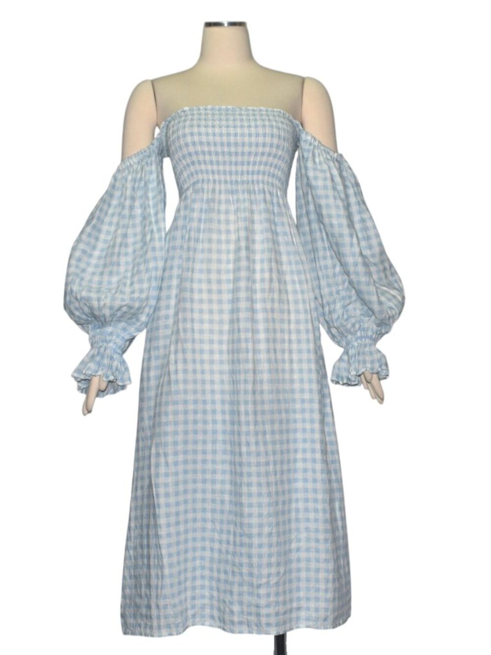 Sleeper Atlanta Dress Linen Blue White Gingham Print Smocked Bodice M L